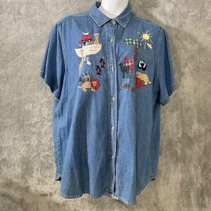 Quizz Woman Denim Shirt women’s size 22 Short Sleeve Embroidered Noah's Ark